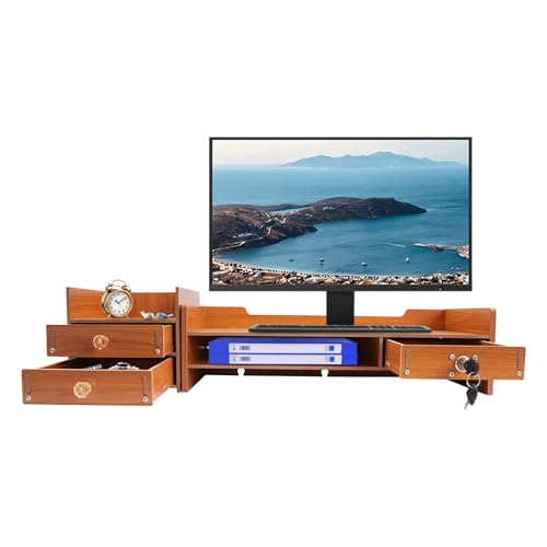 DGJMuu Monitorständer mit Schublade, Einstellbar Monitor Stand Wood mit Einzelne Schließfächer für PC Monitor Laptop Drucker von DGJMuu