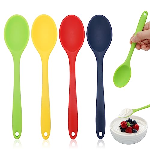 4 Stück Silikon Kochlöffel Set,Silikon Löffel Kochen,Kochlöffel Silikon Rührlöffel Plastik ，Plastiklöffel Groß Lang 21cm,küchenlöffel 500℉ Hitzebeständiges Suppenkelle Servierlöffel für Backen, Rühren von DGN