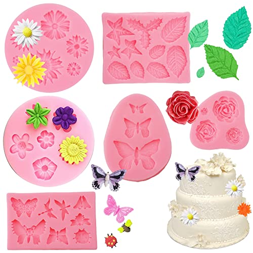 6 Stück Silikonform Blumen, 3D Blumen Fondant Formen Silikon, Blumen Fondantformen, Blumen Schmetterling Blätter Libelle Silikon Fondant Formen für Fudge, Schokolade, Kuchen, Dessertdekoration, Seife von DGN