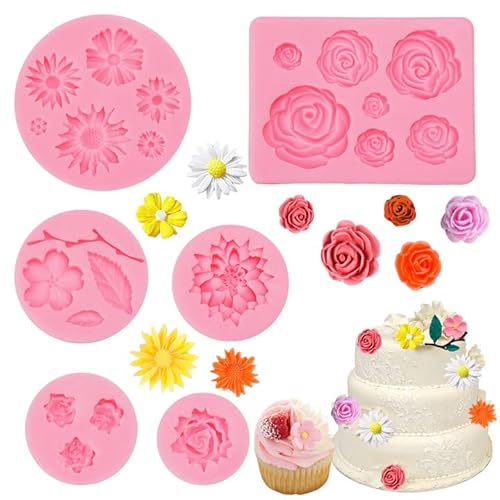 6 Stück Silikonform Blumen und Blatt,Candy Fondantform Silikonformen Backen,3D Silikonform Rose Fondant Kerzen Gießformen,Rosenform für Sugarcraft,Cupcake, Geburtstagskuchen von DGN