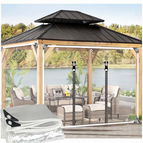 2.1x3.2m Transparente Plane Abdeckplane Mit ösen 0.35mm PVC Wasserdicht Regenschutz Abdeckplane Tarps mit 2 Reißverschlüssen, für Draussen, Gartenmöbel, Pavillon, Balkon Freien,Anpassbar von DGSFES