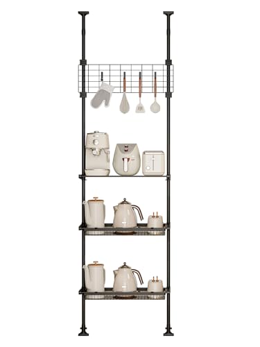 DGYFCTZ Küchen Teleskop Organizer Regal, Höhenverstellbare Regale, Standregale mit Utensilienhaken, Platzsparend für Kleine Küche (25 Zoll Länge (Regalböden + 2 Körbe + Gitter)) von DGYFCTZ