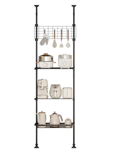 DGYFCTZ Küchen Teleskop Organizer Regal, Höhenverstellbare Regale, Standregale mit Utensilienhaken, Platzsparend für Kleine Küche (29 Zoll Länge (2 Regalböden + Korb + Gitter)) von DGYFCTZ