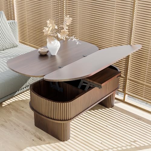 Hochklappbarer Couchtisch mit großem Stauraum, lässt sich in einen Esstisch verwandeln, komplett montierter, geriffelter Wohnzimmertisch, ovaler Holz-Mitteltisch für Wohnzimmer, platzsparend zum Essen von DGpoco