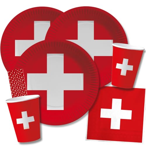 56-teiliges Party-Set Schweiz - Teller Becher Servietten Trinkhalme für 10 Personen von DH-Konzept