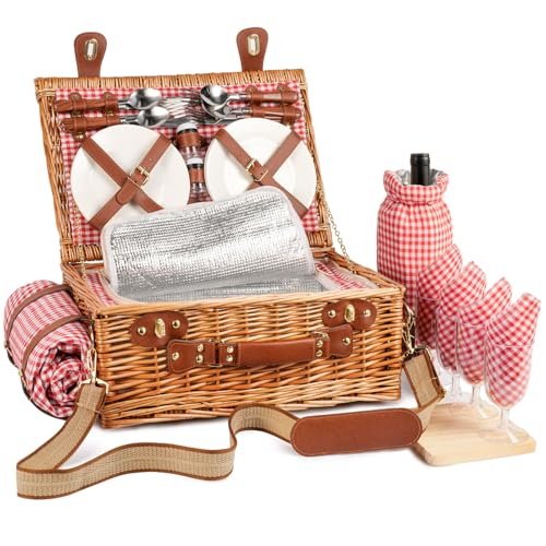 Wicker Picknickkorb Set für 4 Person mit Kühlfach und wasserdichte Picknickdecke, Abnehmbarer Riemen, Weinbeutel, Besteck Set, für Camping, Strand, Wandern, BBQ und Familie/Paare Geschenke, Zubehör von DHAEE