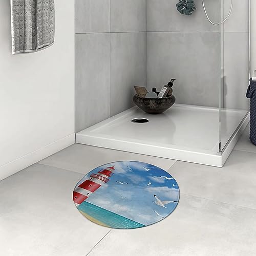 Badezimmerteppich rutschfest Realistische Illustration Leuchtturm an ruhiger Küste Fliegende Möwen Meeresl Waschbar teppich rund Weich Flauschig Badteppich Weich Kurzflor Mikrofaser Badvorleger 60 cm von DHAEY