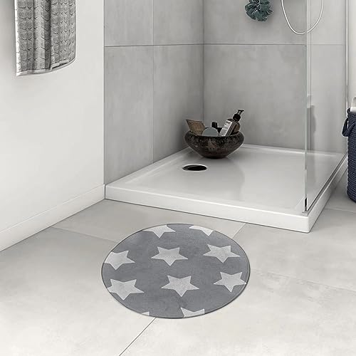 Badezimmerteppich rutschfest Star Case,Big Stars Muster,Monochrom,modernes Design,Sternennacht,weiß,grau Waschbar teppich rund Weich Flauschig Badteppich Weich Kurzflor Mikrofaser Badvorleger 60 cm von DHAEY