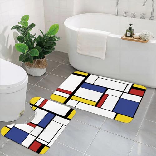 DHAEY 2-teiliges Badteppich-Set & U-förmiger Toilettenteppich,Bunte Rechtecke im Mondrian-Stil,Bedruckte rutschfeste Duschvorleger90X60cm+50X40cm von DHAEY