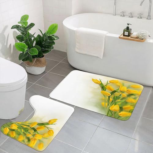 DHAEY 2-teiliges Badteppich-Set & U-förmiger Toilettenteppich,Gelbe Blume, romantischer Tulpenstrauß, berühmte Pflanze von Netherla,Bedruckte rutschfeste Duschvorleger90X60cm+50X40cm von DHAEY