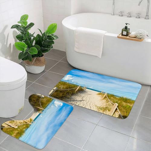 DHAEY 2-teiliges Badteppich-Set & U-förmiger Toilettenteppich,Strand, Golden Sandy Beach South Miami mit Zäunen im amerikanischen Stil,Bedruckte rutschfeste Duschvorleger90X60cm+50X40cm von DHAEY