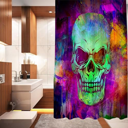 DHAEY Badewanne Vorhang,Antischimmel & Waschbar Duschvorhang mitGrunge-Graffiti mit Totenkopf-Farbkunst 12 Duschvorhangringe |100% Polyester180x180cm von DHAEY