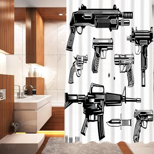 DHAEY Badewanne Vorhang,Antischimmel & Waschbar Duschvorhang mitWaffen Pistole und Revolver (2) 12 Duschvorhangringe |100% Polyester180x180cm von DHAEY