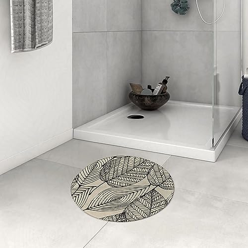 DHAEY Badezimmerteppich rutschfest Blätter Vintage Blatt Geometrische Abstrakte Laublinie.Beige Schwarz Waschbar Teppich rund Weich Flauschig Badteppich Weich Kurzflor Mikrofaser Badvorleger 60 cm von DHAEY