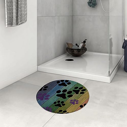 DHAEY Badezimmerteppich rutschfest Rustikale Regenbogen-Woodgrain-Schwarze und lila Hundetatze Waschbar Teppich rund Weich Flauschig Badteppich Weich Kurzflor Mikrofaser Badvorleger 60 cm von DHAEY