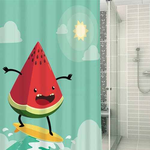 DHAEY Duschvorhang 180x180 Antischimmel Textil Shower Curtains,Wassermelone auf Surfbr,Wasserdicht, Gewichteter Saum, Waschbar Polyester Stoff Badevorhang für Badezimmer und Badewanne mit 12 Haken von DHAEY