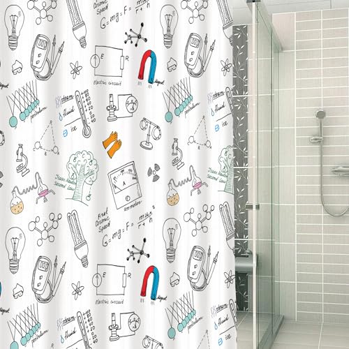 DHAEY Duschvorhang 180x200 Antischimmel Textil Shower Curtains,Physik und Wissenschaft,Wasserdicht, Gewichteter Saum, Waschbar Polyester Stoff Badevorhang für Badezimmer und Badewanne mit 12 Haken von DHAEY