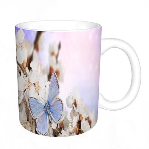 DHAEY Original Becher - Teetasse als Geschenk für Ihre Lieben - Blütenbaum auf Naturhintergrund mit Schmetterling. Frühlingsblumen. Kaffeetasse aus feinem Porzellan - 330 ml 8 x 8,5 cm von DHAEY