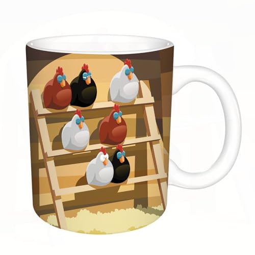 DHAEY Original Becher - Teetasse als Geschenk für Ihre Lieben - Hühner schlafen auf einer Stange in einem Hühnerstallraster Kaffeetasse aus feinem Porzellan - 330 ml 8 x 8,5 cm von DHAEY
