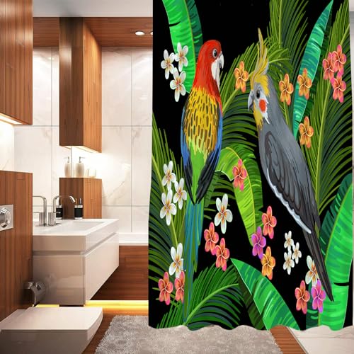 DHAEY Wasserabweisend Badewanne Vorhang aus PolyesterVektorgemälde mit australischen Papageien, Rosella und Nymphensittichen, umgeben von Palmbl Waschbar Badvorhang mit 12 Duschvorhängeringen180x200cm von DHAEY