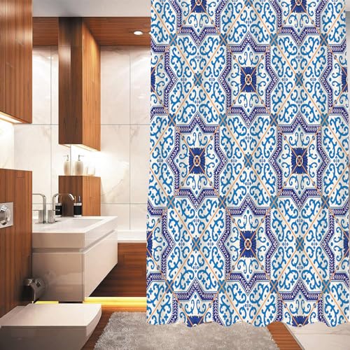 DHAEY Wasserabweisend Badewanne Vorhang aus PolyesterWunderschönes nahtloses Muster aus dunkelblauen und weißen marokkanischen portugiesischen F Waschbar Badvorhang mit 12 Duschvorhängeringen180x200cm von DHAEY