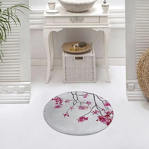 Runder Waschbare rutschfeste Badezimmer Teppich Japanische Kirschblüte Sakura-Baum Blumen Zweig Rund Klein Badematte 60 cm,Teppiche für Eingangsbereich Innen Dusche Zimmer Kinderzimmer Schlafzimmer von DHAEY