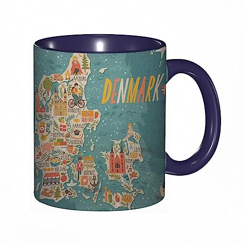 Tasse Keramik Dänemark Karte Sehenswürdigkeiten Reisen Stadt Cartoon Haus Menschen Wald Natur Trip Kaffeetassen Große 330ml Mit Henkel 100% Handbemalt Trinkgläser Mit Griff Personalisierte Geschenk von DHAEY