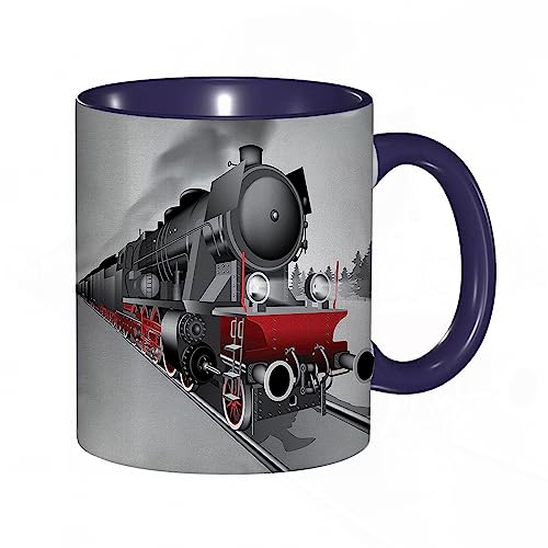 Tasse Keramik Dampfmaschinen-Lokomotive roter schwarzer Zug auf Stahlbahnstrecke Reise-Abenteuer-Gr Kaffeetassen Große 330ml Mit Henkel 100% Handbemalt Trinkgläser Mit Griff Personalisierte Geschenk von DHAEY