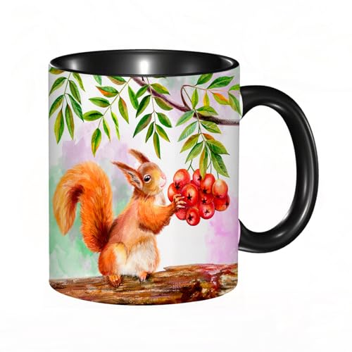 Tasse Keramik Ein orangefarbenes, flauschiges Eichhörnchen sitzt auf einem Baum und hält Vogelbeere Kaffeetassen Große 330ml Mit Henkel 100% Handbemalt Trinkgläser Mit Griff Personalisierte Geschenk von DHAEY