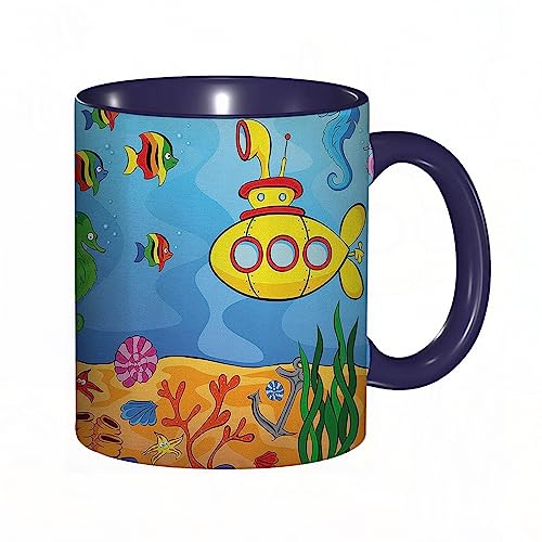 Tasse Keramik Gelbes U-Boot-Unterwasser-Themenfahrzeug Seesterne und Fische.Marigold Aqua Kaffeetassen Große 330ml Mit Henkel 100% Handbemalt Trinkgläser Mit Griff Personalisierte Geschenk von DHAEY