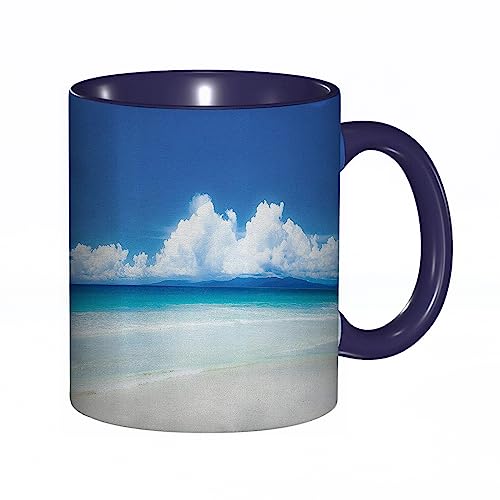 Tasse Keramik Landschafts-Sommersaison im Sonnenstrand-gewellten Sand-Ozean-Seeufer-flaumigen Wolke Kaffeetassen Große 330ml Mit Henkel 100% Handbemalt Trinkgläser Mit Griff Personalisierte Geschenk von DHAEY