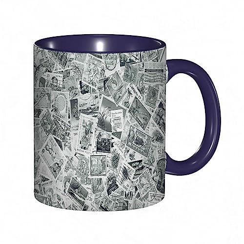 Tasse Keramik Modernes Vintages Schwarzweiss-Bild der großen Welt-Briefmarken-Reise-Hobby.Graues We Kaffeetassen Große 330ml Mit Henkel 100% Handbemalt Trinkgläser Mit Griff Personalisierte Geschenk von DHAEY