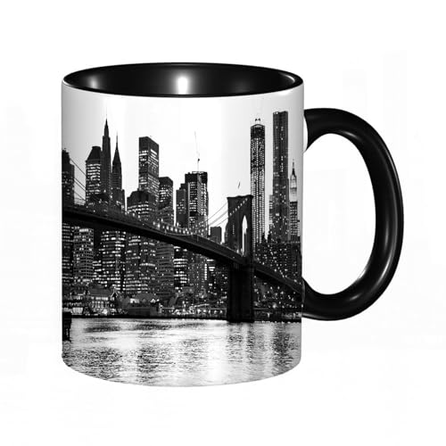 Tasse Keramik New York City - Brooklyn Bridge mit der Skyline von Manhattan bei Nacht USA Kaffeetassen Große 330ml Mit Henkel 100% Handbemalt Trinkgläser Mit Griff Personalisierte Geschenk von DHAEY