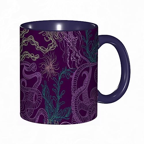 Tasse Keramik Octopus Ocean Marine Octopus Summer Beach Meerespflanzen Algen,Lila Grün Kaffeetassen Große 330ml Mit Henkel 100% Handbemalt Trinkgläser Mit Griff Personalisierte Geschenk von DHAEY
