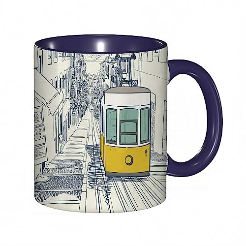 Tasse Keramik Postkarte,ruhige Straße in Lissabon mit gelber Straßenbahn und skizzierten Häusern Kaffeetassen Große 330ml Mit Henkel 100% Handbemalt Trinkgläser Mit Griff Personalisierte Geschenk von DHAEY
