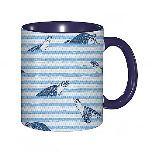 Tasse Keramik Schildkröten und blaue Streifen-abstraktes Wasserthema Caretta-Ozean-Tier-Muster Kaffeetassen Große 330ml Mit Henkel 100% Handbemalt Trinkgläser Mit Griff Personalisierte Geschenk von DHAEY