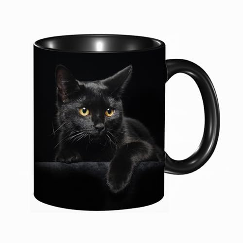 Tasse Keramik Schwarze Katze mit gelben Augen auf schwarzem Hintergrund Kaffeetassen Große 330ml Mit Henkel 100% Handbemalt Trinkgläser Mit Griff Personalisierte Geschenk von DHAEY