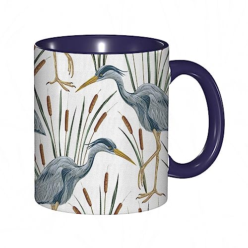 Tasse Keramik Sumpf Blau Graureiher Vögel und Binse Wasser Laub Wachstum Wildnis Tropenland.Blauer Kaffeetassen Große 330ml Mit Henkel 100% Handbemalt Trinkgläser Mit Griff Personalisierte Geschenk von DHAEY