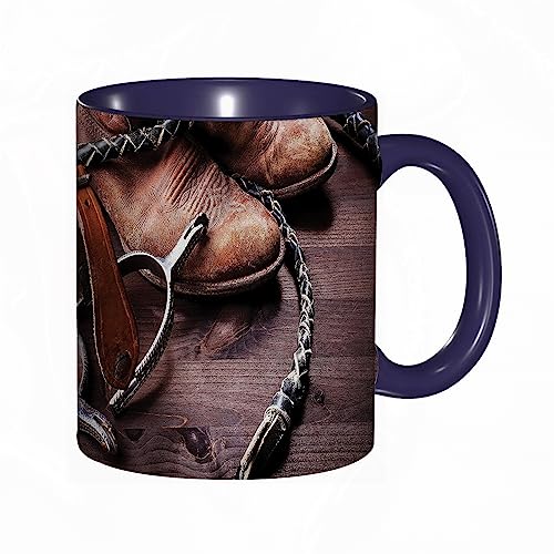 Tasse Keramik Western Old Leather Boots and Sporen Rustikale Rodeo-Ausrüstung USA Style Art Picture Kaffeetassen Große 330ml Mit Henkel 100% Handbemalt Trinkgläser Mit Griff Personalisierte Geschenk von DHAEY