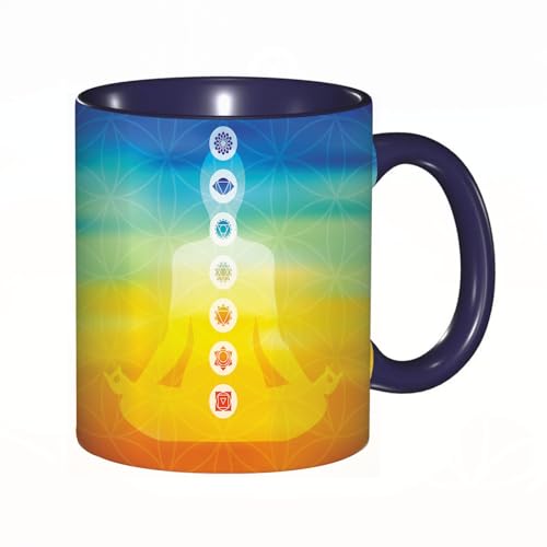 Tasse Mug,Körpersilhouette mit Chakra-Symbolen, die Yoga-Pose machen, buntes, verschwommenes Farbverlaufsdesign auf dem Hintergrund der heil,Kaffeetasse - Kaffeebecher mit Fassungsvermögen von 330 ml von DHAEY