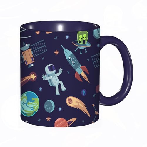 Tasse Mug,Nahtloser Hintergrund des Cartoon-Raums. Handgezeichnetes Galaxienmuster mit Raumschiffen, Satelliten, Planeten, Astronauten, Kind,Kaffeetasse - Kaffeebecher mit Fassungsvermögen von 330 ml von DHAEY