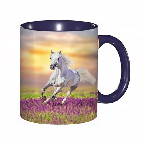 Tasse Mug,Weißes Pferd galoppiert in Blumen gegen den Sonnenuntergangshimmel,Kaffeetasse - Kaffeebecher mit Fassungsvermögen von 330 ml von DHAEY