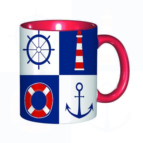 Tassendruck Set mit nautischen Etiketten. Symbol für Ankerschiff, Ruder, Leuchtturm und Rettungsring. Nautische maritime Illustration. Meeres- und Ozeansymbole. Kaffeetasse/Mug/Cup von DHAEY