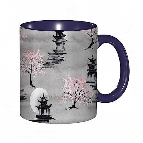 kaffeebecher Mug Exotische Kirschblüte Orientalische Pagode Sakura.Rosa Grau,kaffeebecher porzellan, tasse Füllmenge 330 ml - sehr interessante bedruckte Teetassen von DHAEY