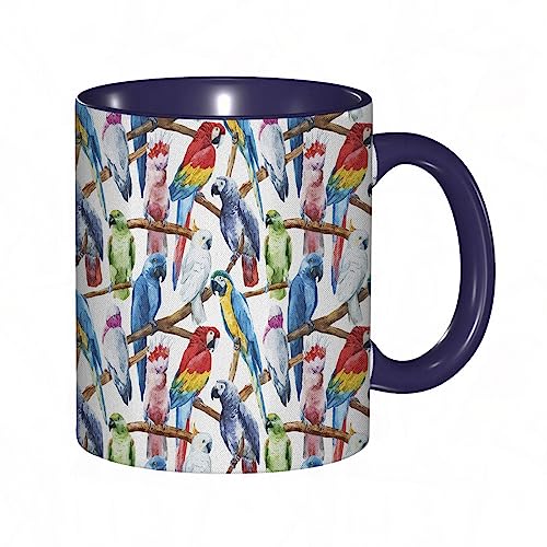 kaffeebecher Mug Papageien Bunte Papageien auf Baumzweigen Exotischer Dschungel-Thema-Aquarell-Maleffekt.Kobalt,kaffeebecher porzellan, tasse Füllmenge 330 ml - sehr interessante bedruckte Teetassen von DHAEY