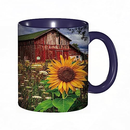 kaffeebecher Mug Sonnenblumen Herbst Breathable Farm Red House,kaffeebecher porzellan, tasse Füllmenge 330 ml - sehr interessante bedruckte Teetassen von DHAEY