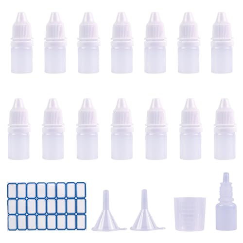 15 Stück Liquid Flaschen 5ml, Tropfflasche Leer Plastikflaschen Quetschflaschen Reiseflasche Dosierflasche mit Kindersicherung Deckel Inkl. Trichter Messbecher Etiketten (5ml) von DHAIQC