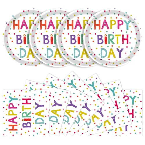 DHAIQC 40 Stück Geburtstag Deko Partygeschirr Set, Pappteller Geburtstag und Servietten Happy Birthday-Punkten-Design Party Geschirr Kindergeburtstag Teller, 20 Gäste von DHAIQC