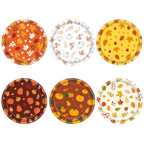 DHAIQC 48 Stück Herbst Pappteller 18 cm, Erntedankfest Partyteller mit Kürbis und Ahornblättern Einwegteller Dessertteller Kuchenteller für Erntedankfest Herbstliche Partyzubehör (Herbst) von DHAIQC
