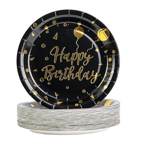 DHAIQC 50 Stück Pappteller, Partyteller Happy Birthday Teller Set ​17,8 cm Geburtstag Einwegteller Schwarzgold Partygeschirr Set für Geburtstage und Partys von DHAIQC